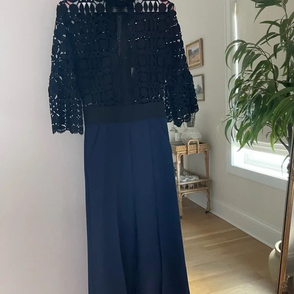 Self Portrait Black Navy Lace Mock Neck Wide Leg Jumpsuit Women's U.S. size 4 - Picture 2 of 5